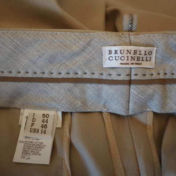 Brunello Cucinelli Beige Pants Monili Trim Belt Loop Virgin Wool Size 14 - Picture 8 of 10